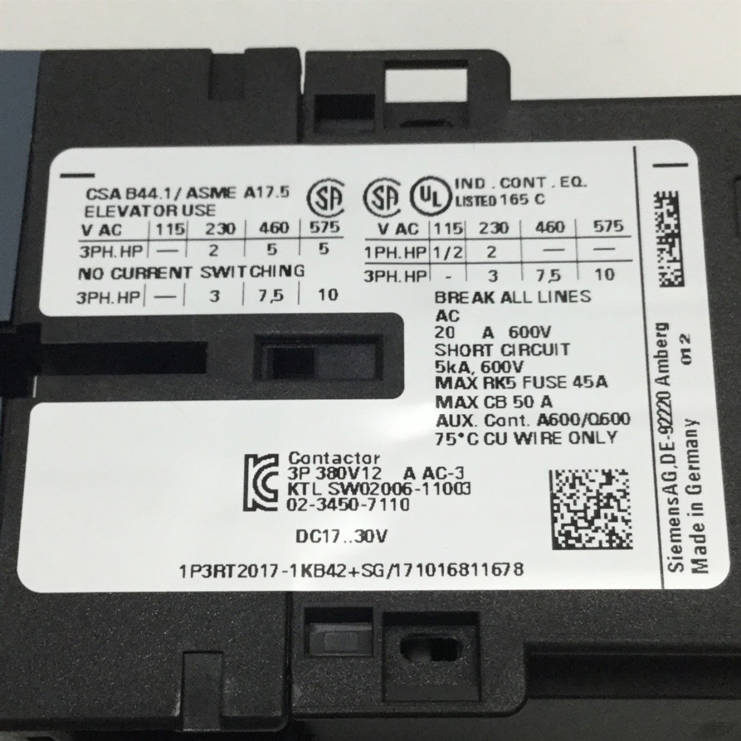 New – Open box Siemens 3RT2017-1KB42 Sirius Power Contactor 24VDC Coil, 600VAC 12A, 3-Pole, S00