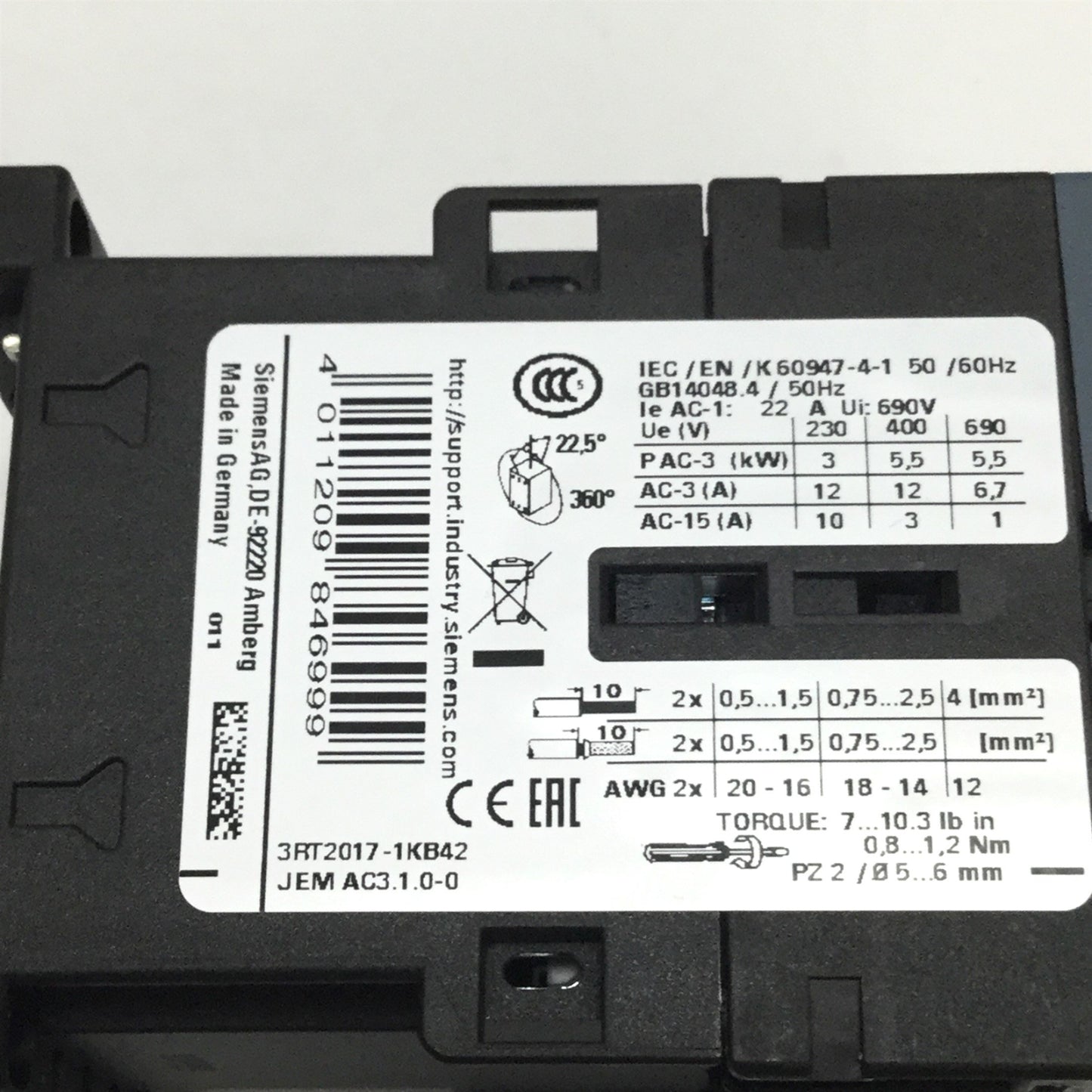 New – Open box Siemens 3RT2017-1KB42 Sirius Power Contactor 24VDC Coil, 600VAC 12A, 3-Pole, S00