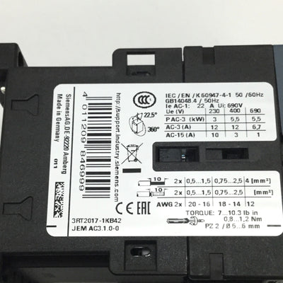 New – Open box Siemens 3RT2017-1KB42 Sirius Power Contactor 24VDC Coil, 600VAC 12A, 3-Pole, S00