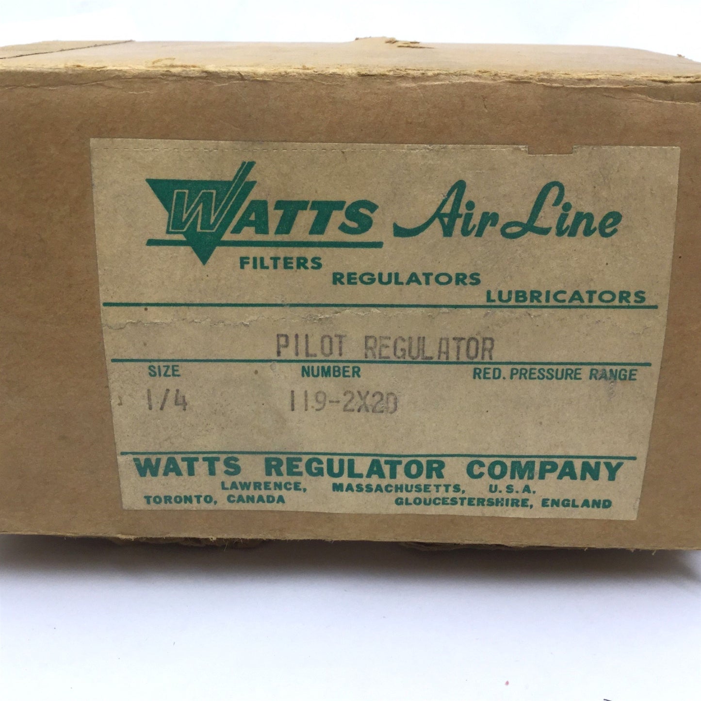 New – Open box Watts 119-2X20 Remote Control Pilot Regulator, Ports: 1/4" NPT, Fluid/Air