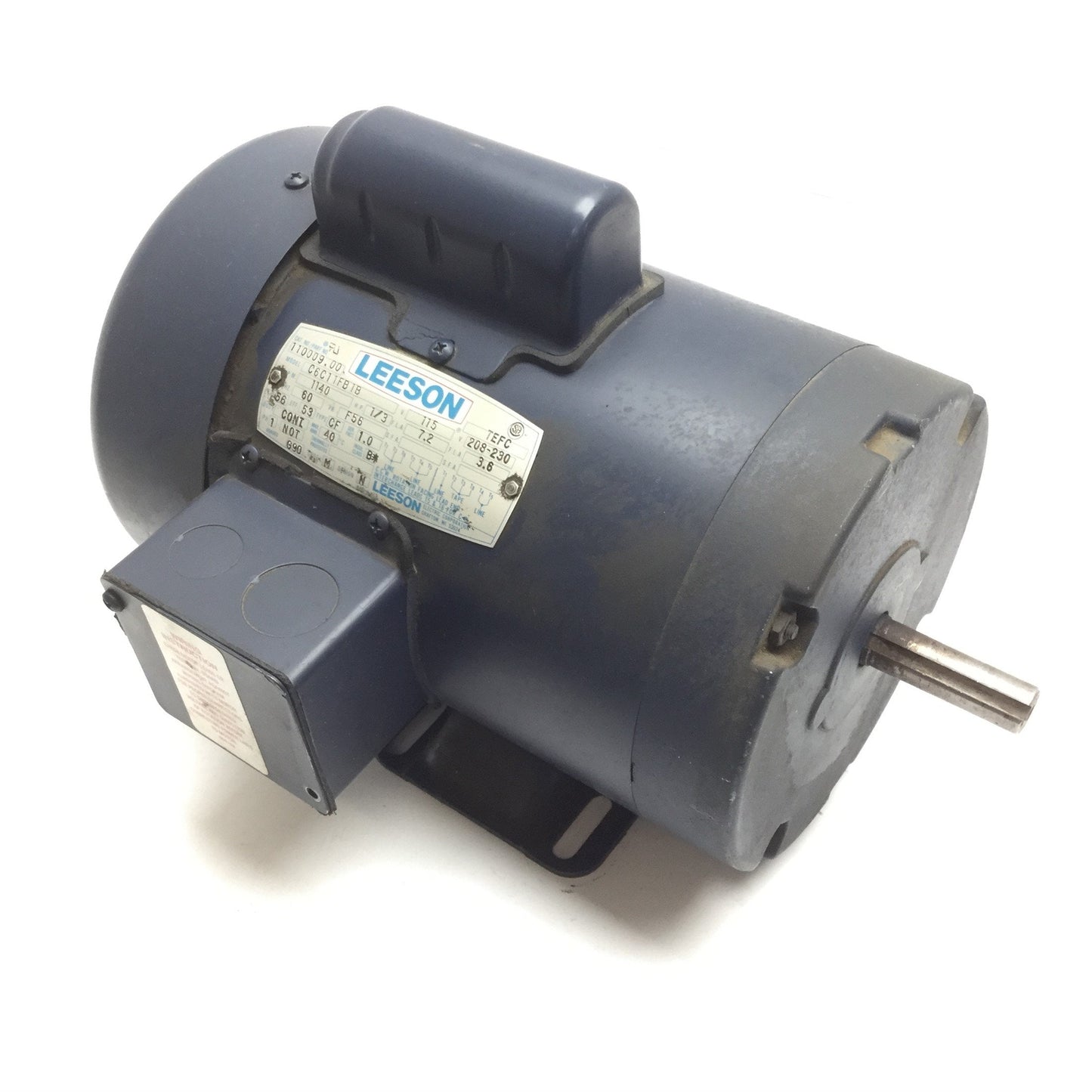 Used Leeson 110009.00 C6C11FB1B AC Motor, Frame 56, 1/3HP, 115VAC 208-230VAC, 5/8"