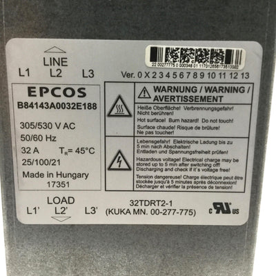 New – Open box Epcos TDK B84143A0032E188 Power Input Main Line Filter, 305/530VAC 32A, 3-Phase