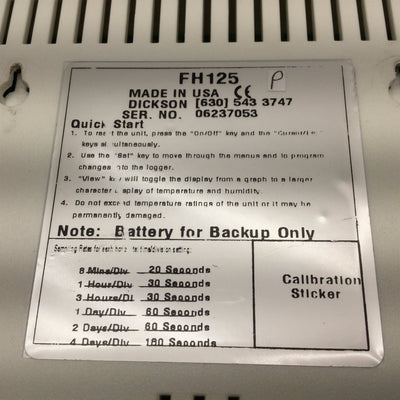 Used Dickson FH125 Temperature & Humidity Data Logger, With Power Cable, 120VAC