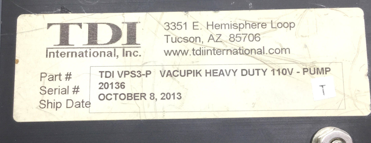 Used TDI VPS3-P Vacupik Heavy Duty Pump, Voltage: 110VAC, 50/60Hz, 8W, w/Power Supply