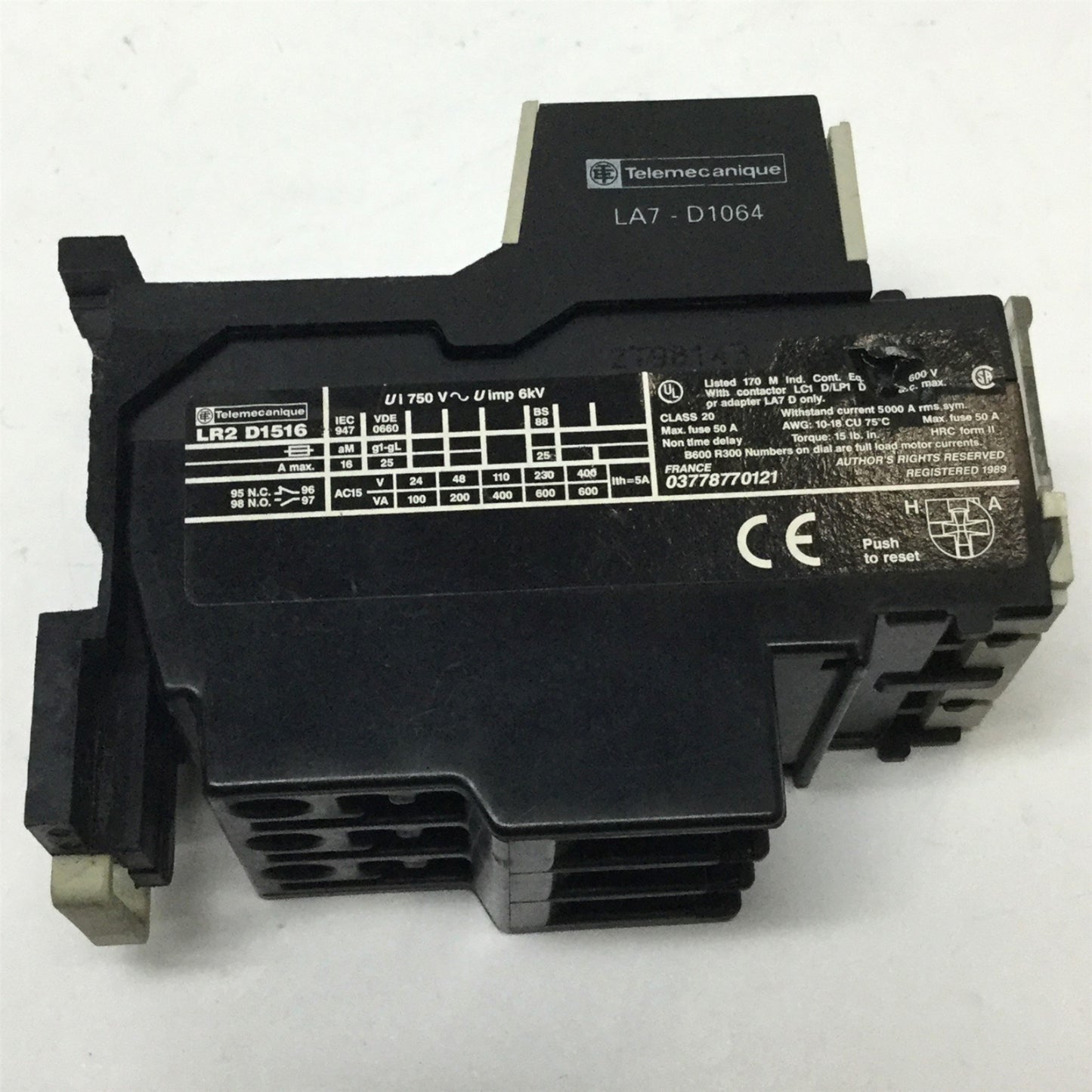 Used Telemecanique LR2-D1516 Thermal Overload Relay, Adjustable Current Range: 9-13A