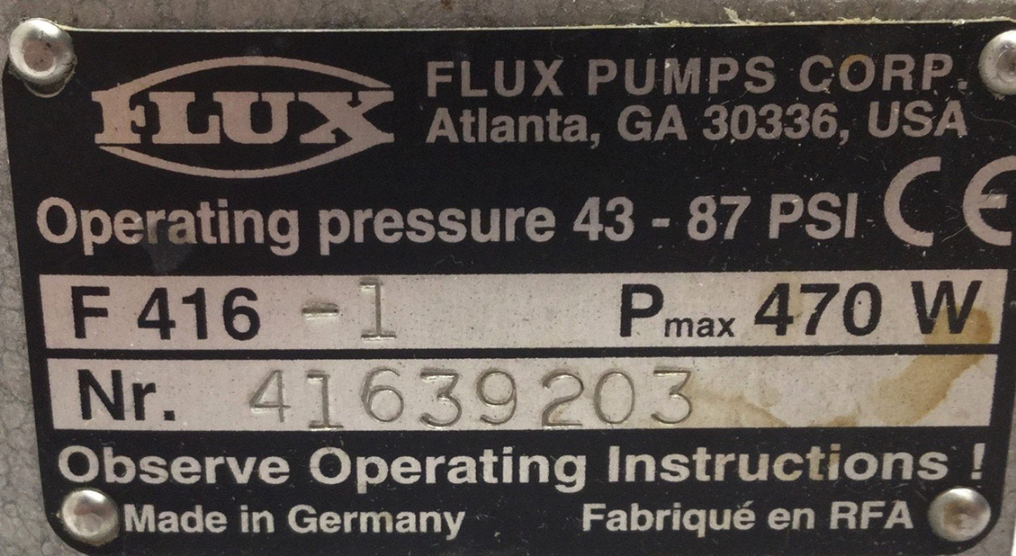 Used Flux Pumps F 416-1 Ex Explosion Proof Air Motor Operating Press: 43-87 PSI, 470W