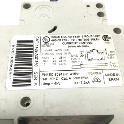 Used Allen-Bradley 1489-A3C150 Circuit Breaker C-Curve, 15A, 3-Pole, 480Y/277VAC