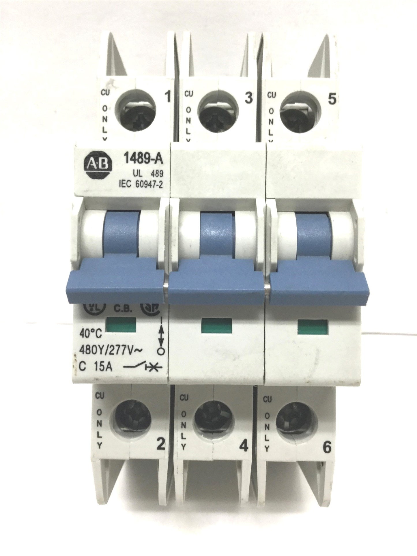 Used Allen-Bradley 1489-A3C150 Circuit Breaker C-Curve, 15A, 3-Pole, 480Y/277VAC