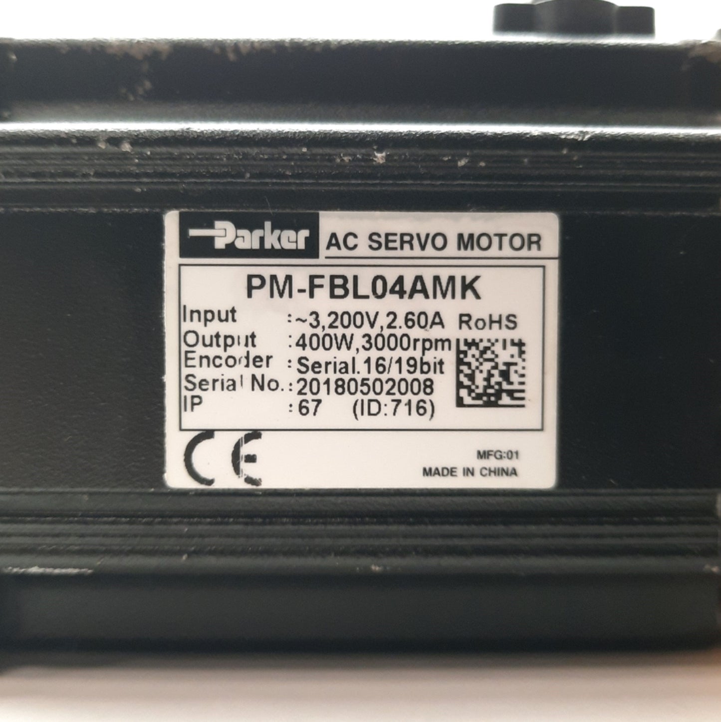 Used Parker PM-FBL04AMK AC Servo Motor 400W, 3000RPM, ?14mm Shaft w/Encoder Feedback