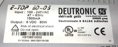 Used Deutronic E-top 60-05 Power Module, 100-240VAC, 47-63Hz, 1500Hz, Out: 5VDC, 50W