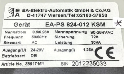 Used EA-PS 824-012 KSM Power Supply, Output: 24...28VDC 30W, Input: 90-264VAC 1.25A