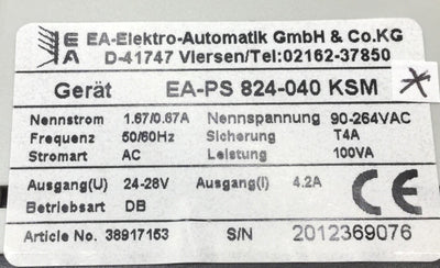 Used EA-PS 824-040 KSM Power Supply, Output: 24...28VDC 100W, Input: 90-264VAC 4.2A