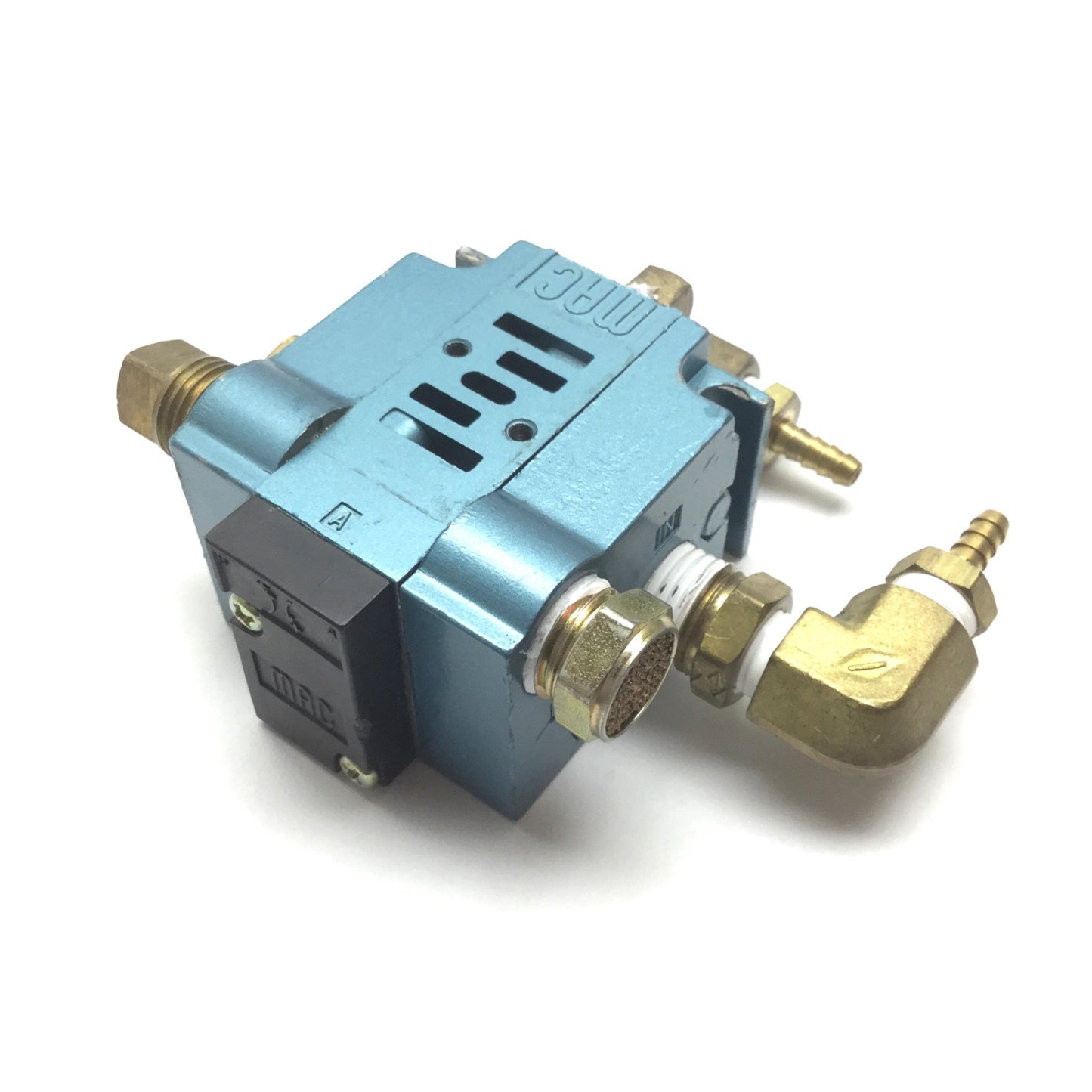 Used MAC 45A-LAC-DDAJ-1KD Solenoid Valve with Manifold Block, Missing Screws & Gasket