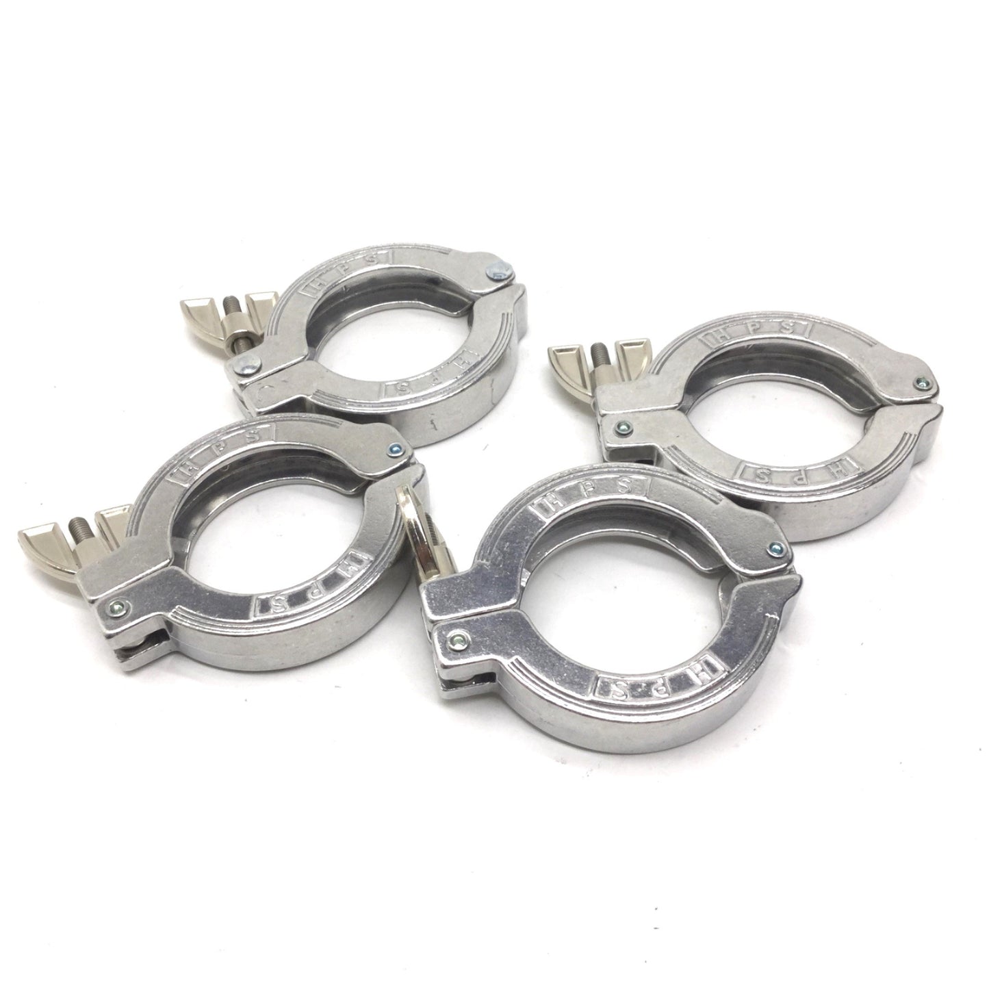 Used Lot of 4 HPS 2-1/2" Single-Pin Sanitary Wing Nut Tri Clamps, ID: 1-3/4"