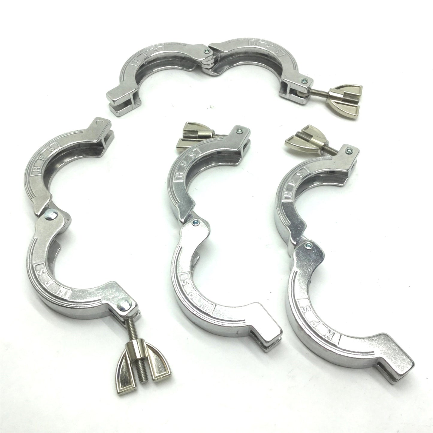 Used Lot of 4 HPS 2-1/2" Single-Pin Sanitary Wing Nut Tri Clamps, ID: 1-3/4"