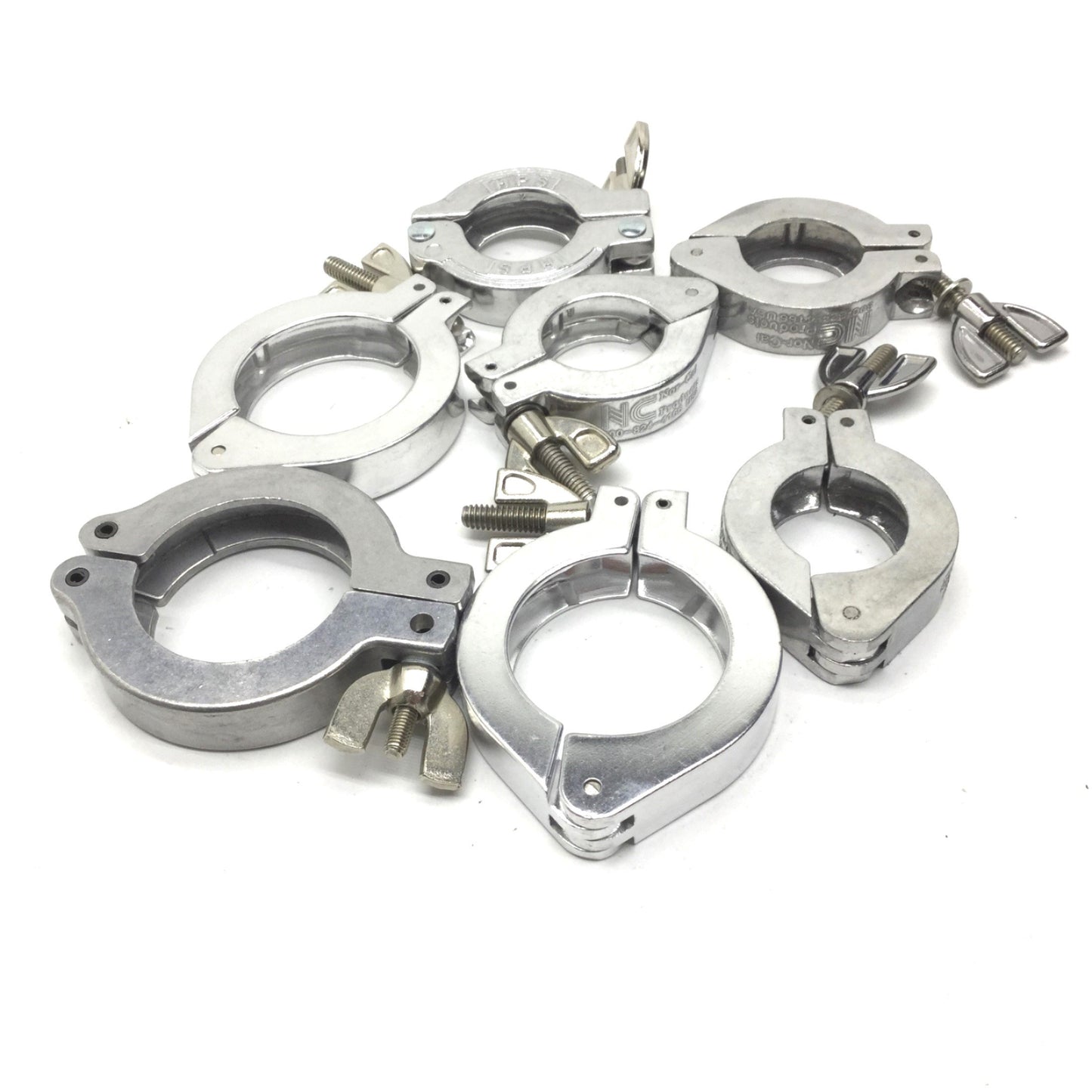 Used Lot of 7 Miscellaneous Single-Pin Vacuum Tri Clamps 3x ID: 1.75" 4x ID: 1.125"
