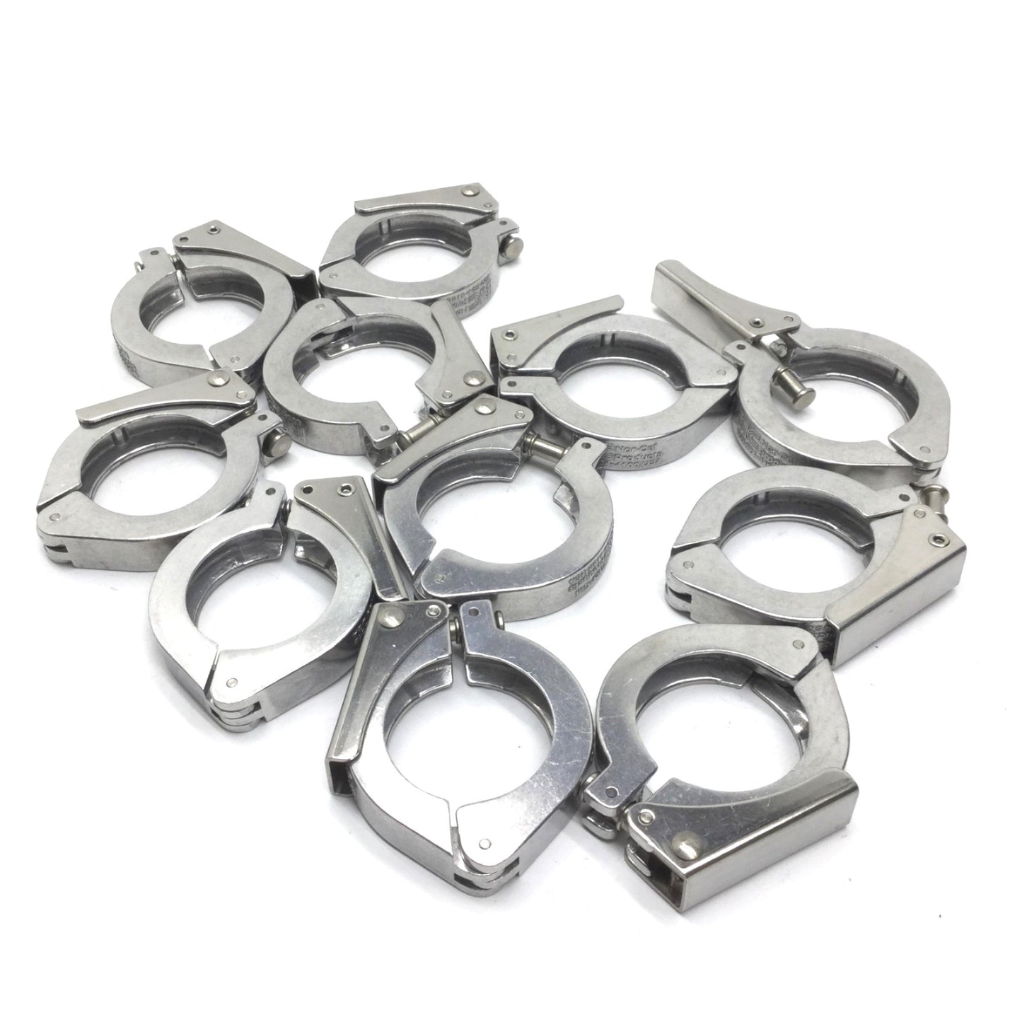 Used Lot of 11 Miscellaneous 2-1/2" Single-Pin Vacuum Latch Tri-Clamps, ID: 1-7/8"