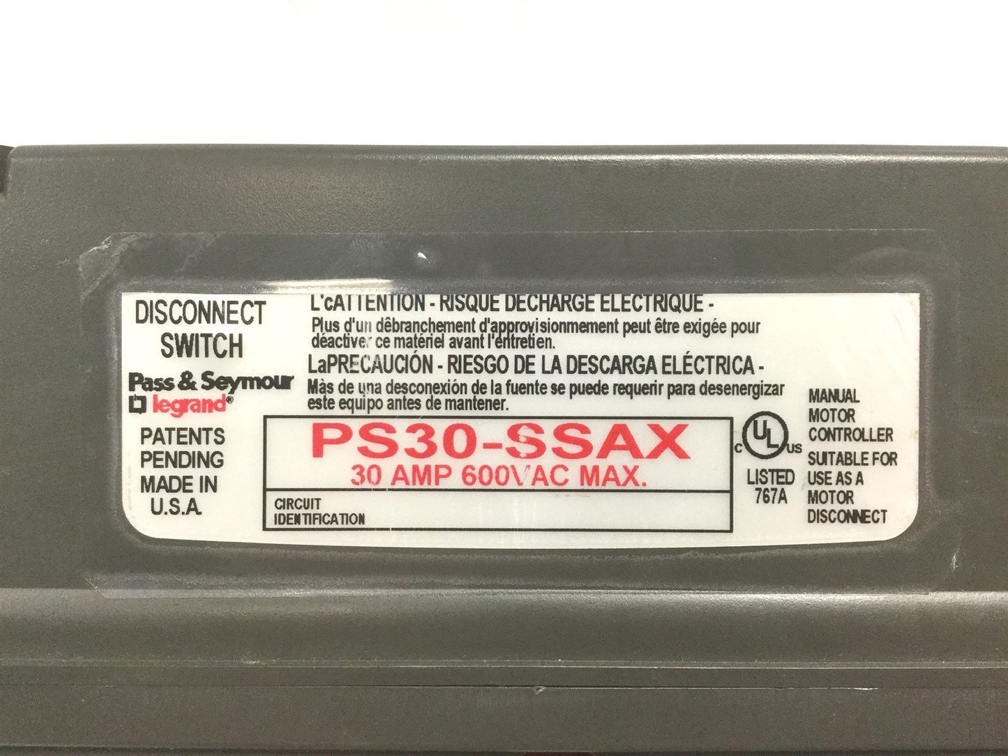 Used Pass and Seymour PS30-SSAX Circuit-Lock Disconnect Switch 30A 600VAC *Details