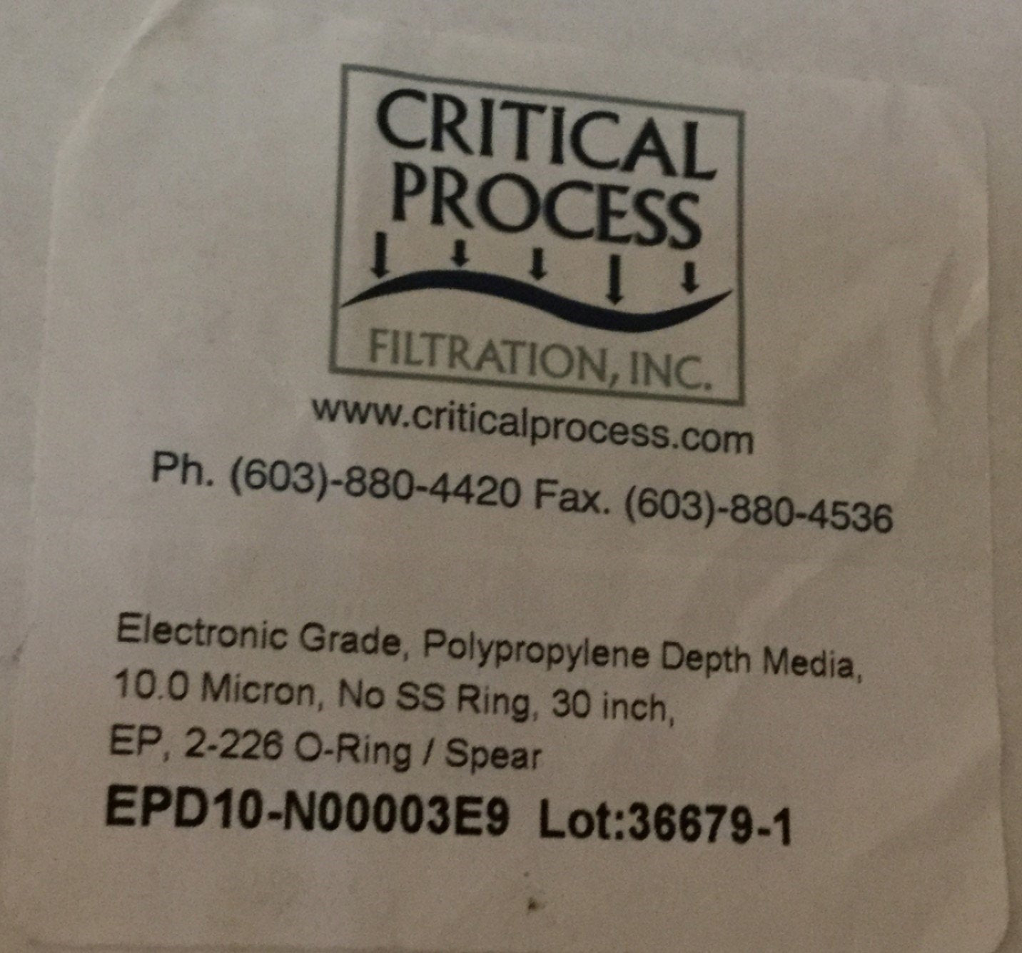 New Critical Process EPD10-N00003E9 Electronic Grade 30" Filter 10 Micron