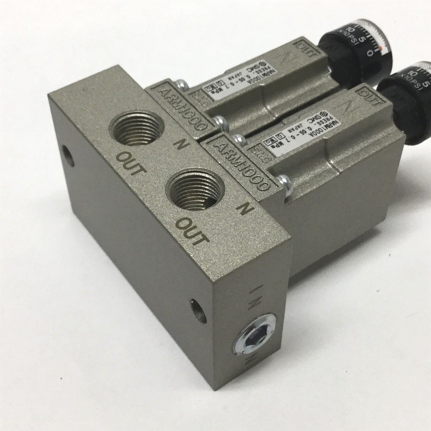 Used SMC NARM1000-2A1-N01G Pressure Regulator Manifold, 2-Station, 7-100psi w/Gauges