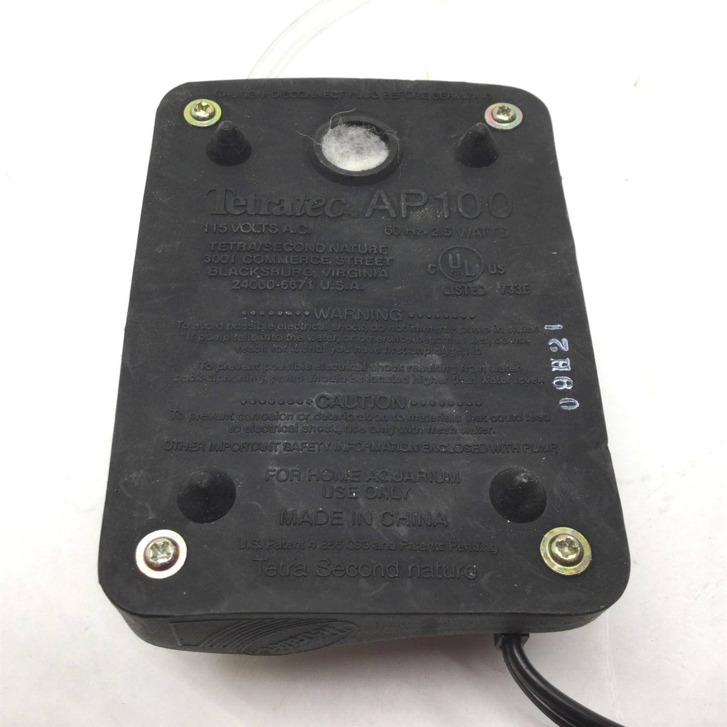 Used Tetra AP100 Whisper Quiet Air Pump, 115VAC, Adjustable Flow, 60Hz, 25 Watts