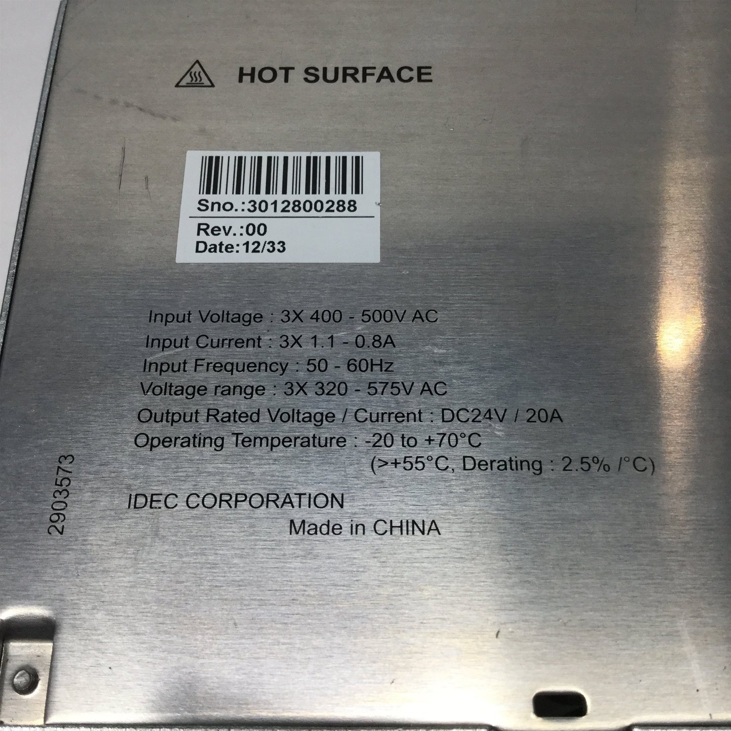 Used Idec PS5R-TJ24 480W Power Supply, 3-Phase 320-575VAC Input, 24VDC 20A Output