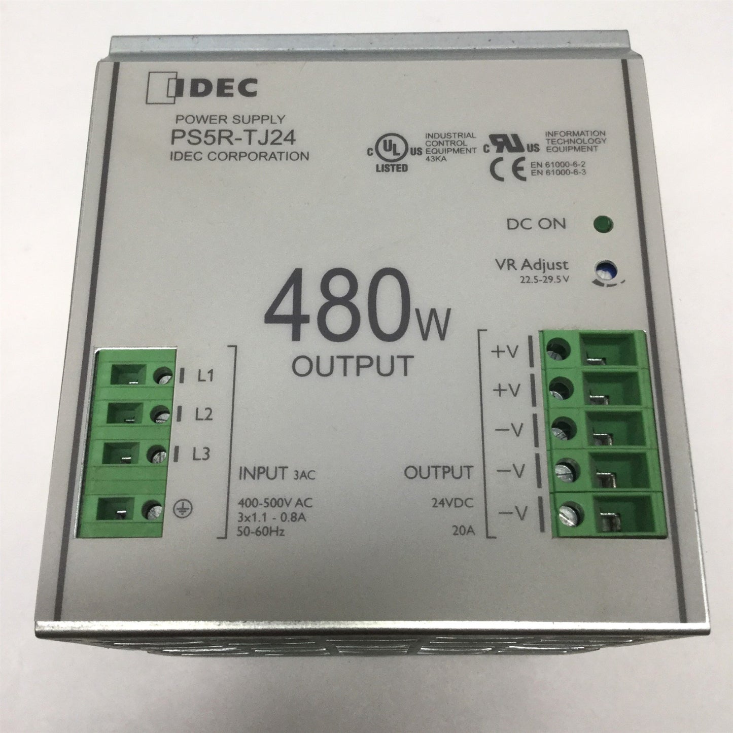 Used Idec PS5R-TJ24 480W Power Supply, 3-Phase 320-575VAC Input, 24VDC 20A Output