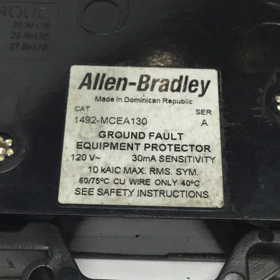 Used Allen Bradley 1492-MCEA130 Circuit Breaker, Single Pole, 30A 120VAC, DIN Rail