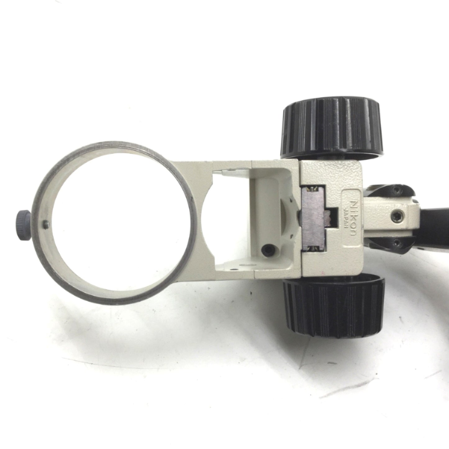 Used Nikon Microscope Adjustable Mounting Ring, Dia: 3" Arm: 12-1/4" Travel: 7-3/8"