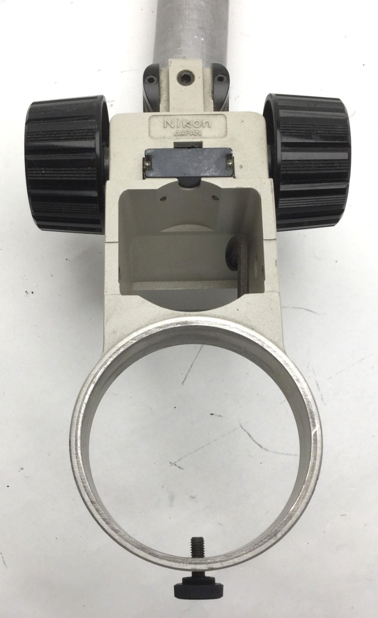 Used Nikon Microscope Adjustable Mounting 3" Focus Ring, 14" Arm Boom 1-1/2" Diameter