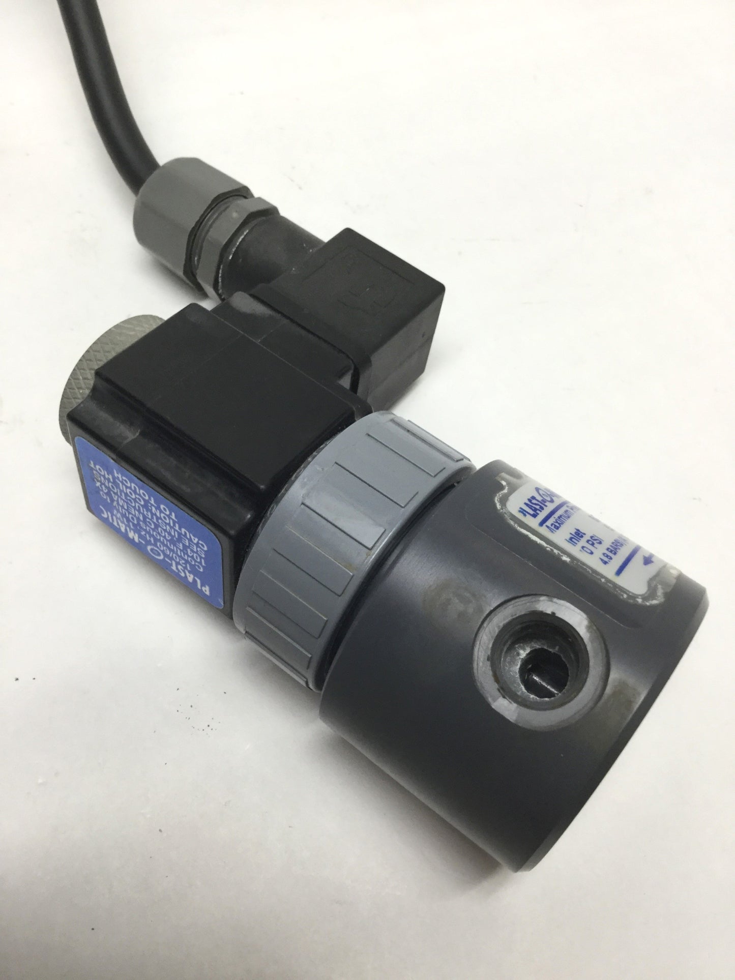 Used Plast-O-Matic EAST2V8W11-PV 2-Way PVC Solenoid Valve, NC, 70psi, 1/4"NPT, 120VAC