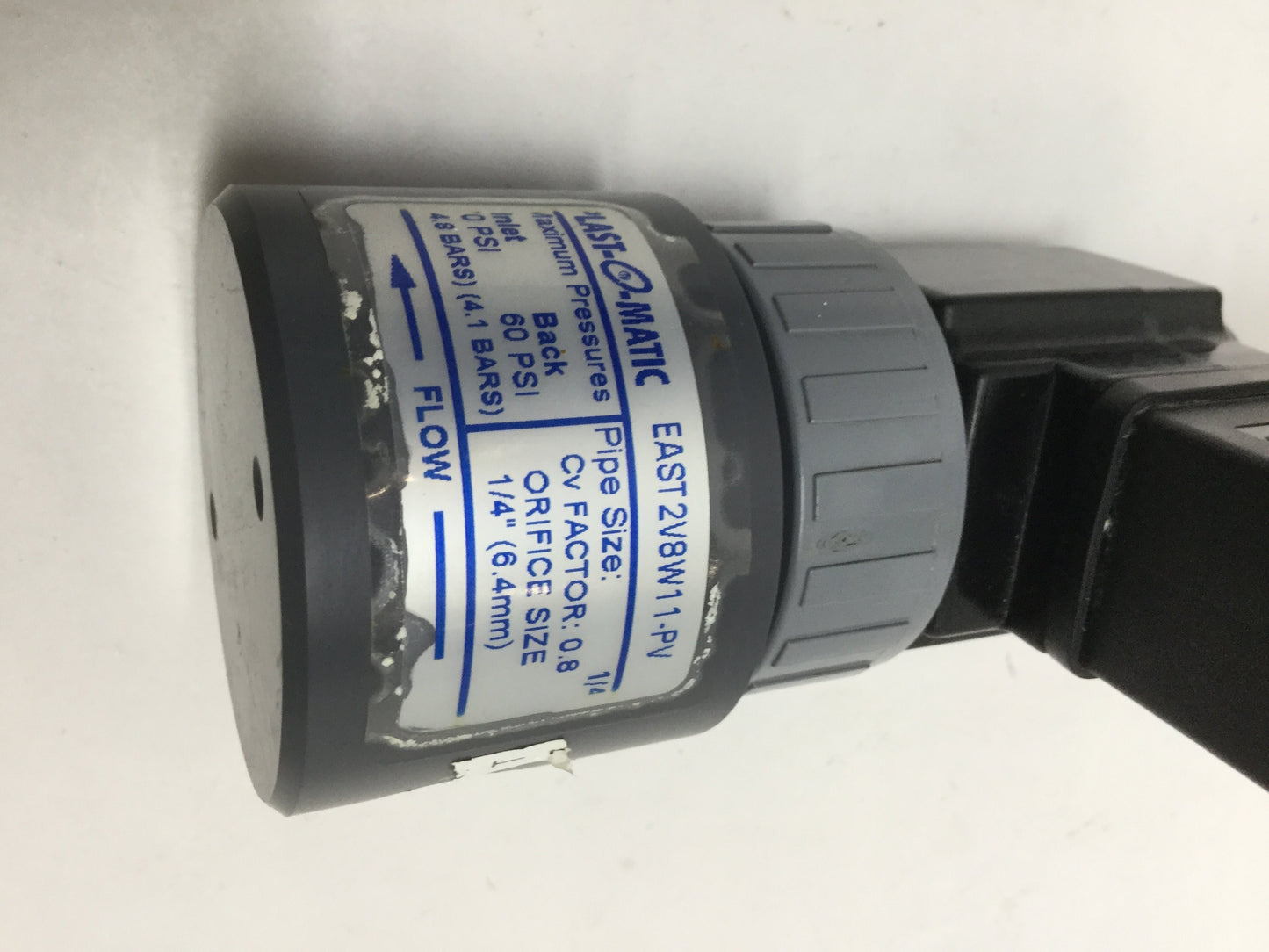 Used Plast-O-Matic EAST2V8W11-PV 2-Way PVC Solenoid Valve, NC, 70psi, 1/4"NPT, 120VAC