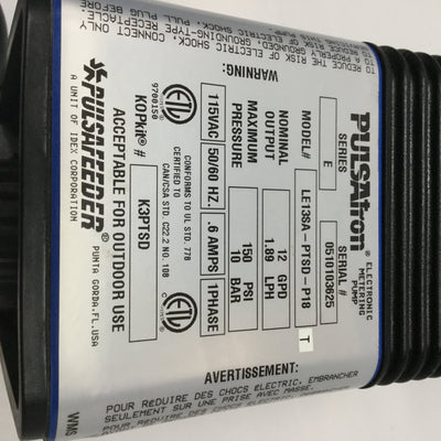 Used Pulsafeeder LE13SA-PTSD-P18 PULSAtron Electronic Metering Pump 150psi, 1.8LPH