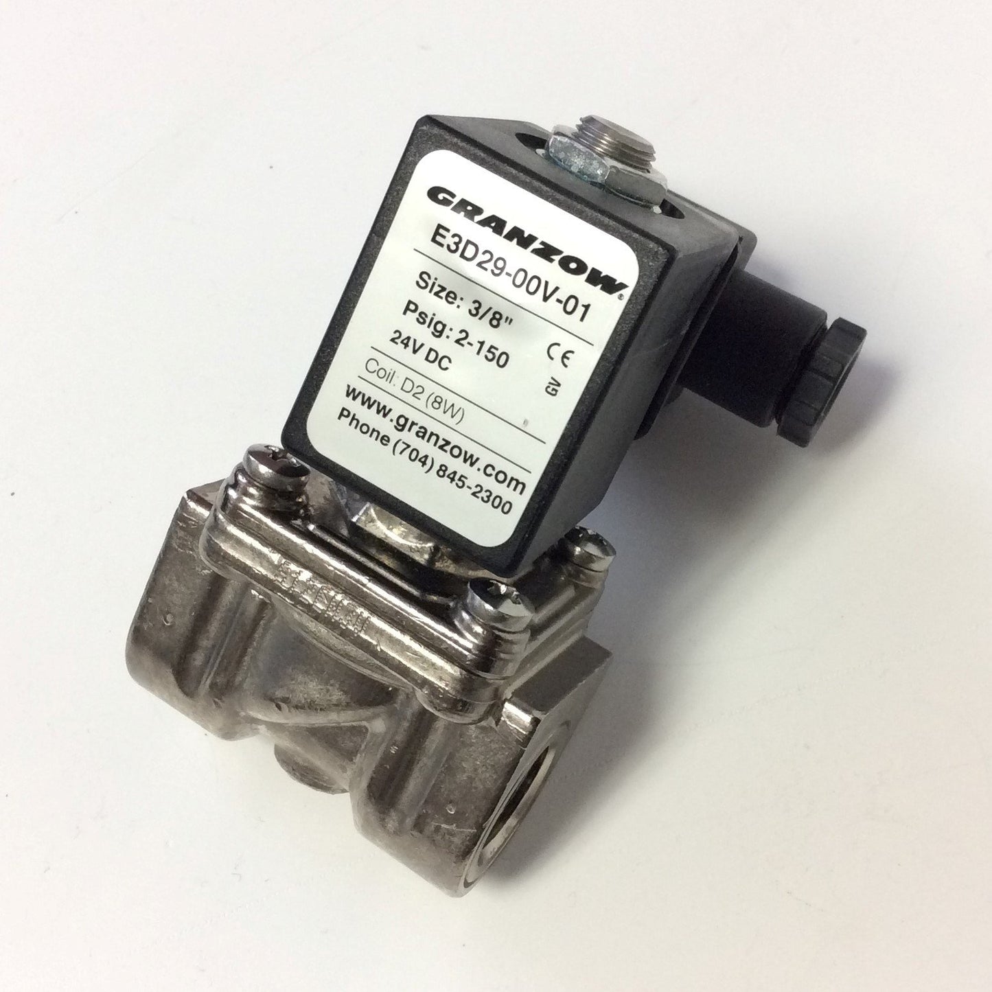 Used Granzow E3D29-00V-01 Solenoid Valve 2-Way NC 24VDC 3/8" NPT 7/16" Orif 2-150PSI