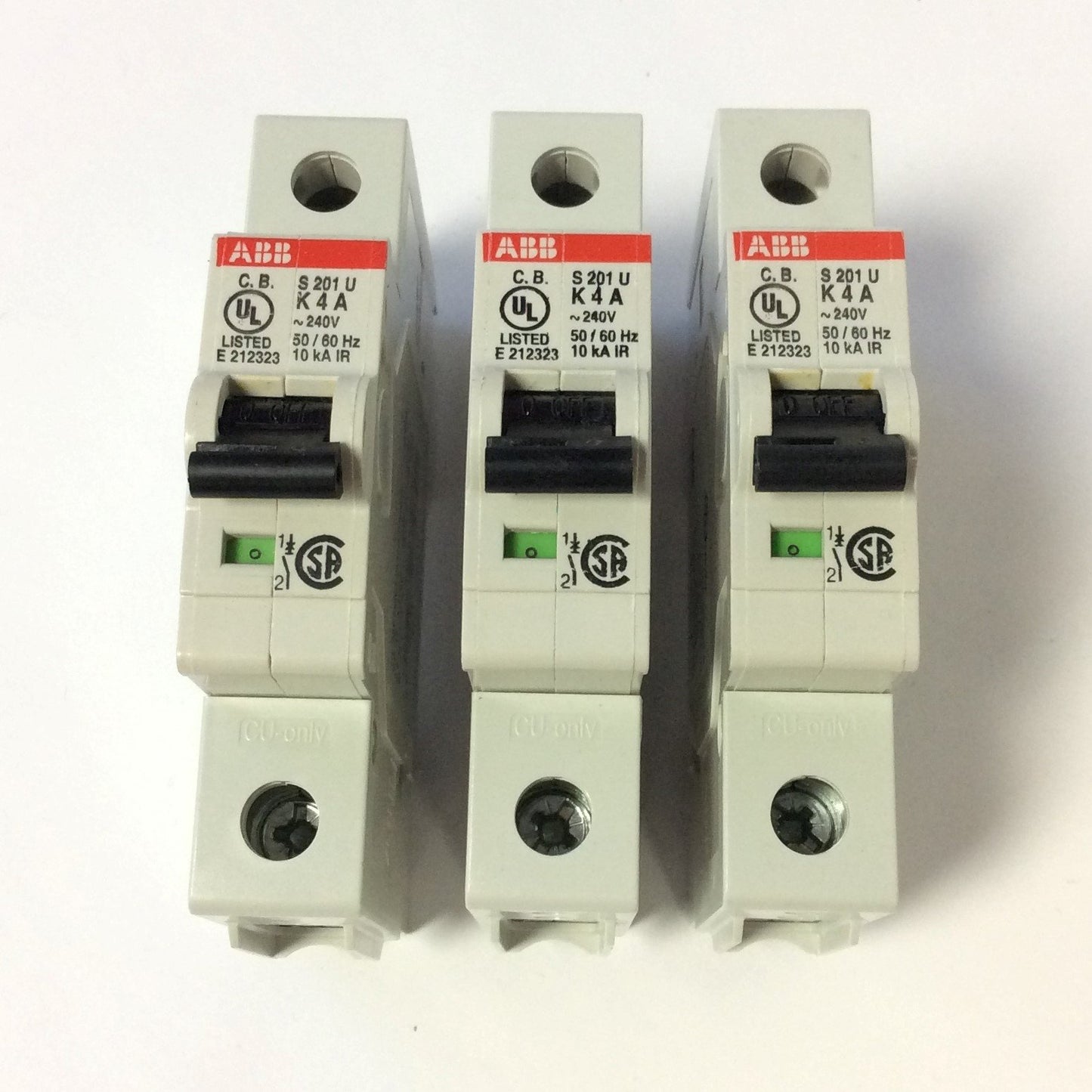 New – Open box Lot of 3 ABB S201U K4A Miniature Circuit Breaker 240VAC 4A 50/60Hz K-Curve 1Pole