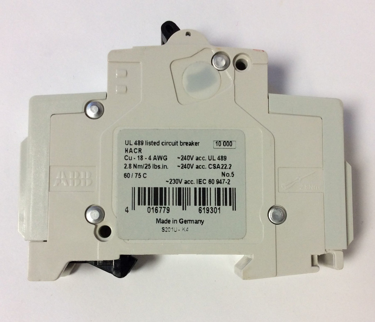 New – Open box Lot of 3 ABB S201U K4A Miniature Circuit Breaker 240VAC 4A 50/60Hz K-Curve 1Pole