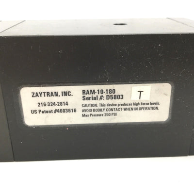 Used Zaytran RAM-10-180 Rotary Actuator, 0.375" Shaft, 180ø Rotation, 10-32 Ports