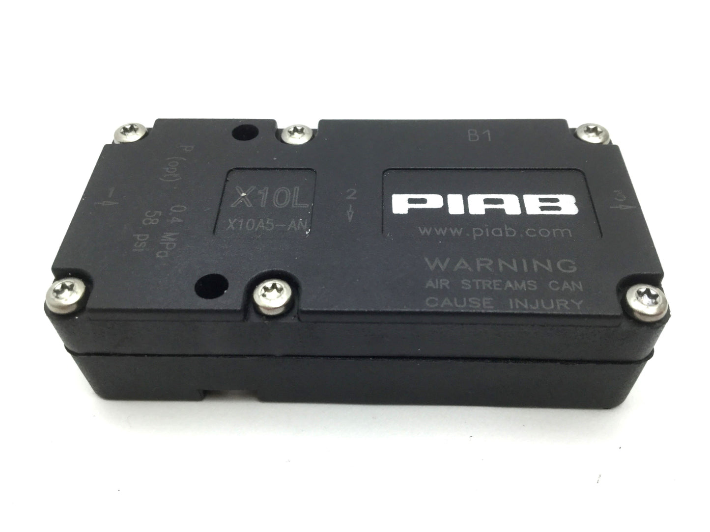 Used PIAB X10A5-AN Vacuum Generator Pump, 1/8" NPT & 10-32UNF Ports 102psi NBR Seals