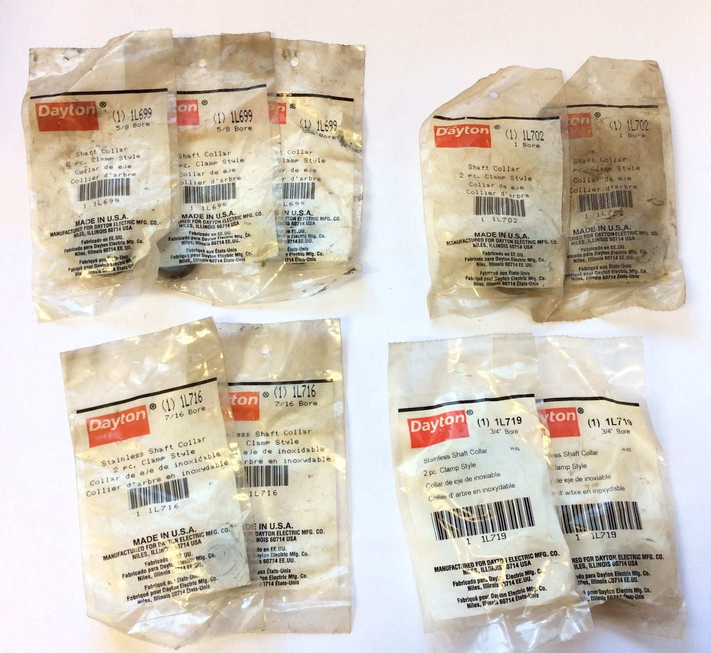 New Lot of 9 Dayton Shaft Collars, 5/8" 1" Black Oxide, 7/16" 3/4" Stainless Steel