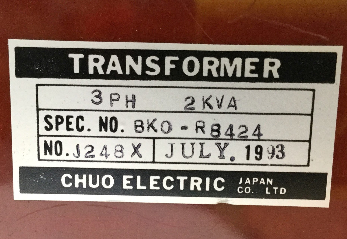 Used Chuo Electric Spec. No. BK0-R8424 No. J248X 3-Phase 2KVA Machine Transformer