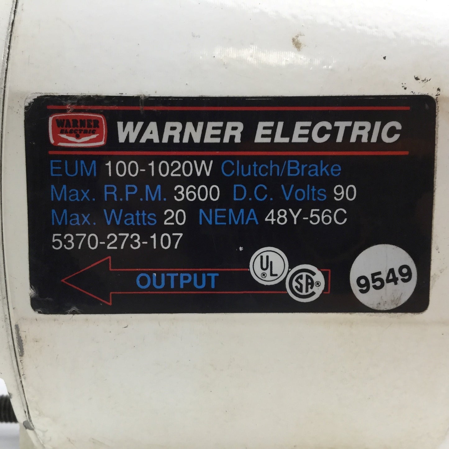 Used Warner Electric EUM 100-1020W Clutch/Brake 3600RPM 90VDC 20W NEMA 48Y-56C