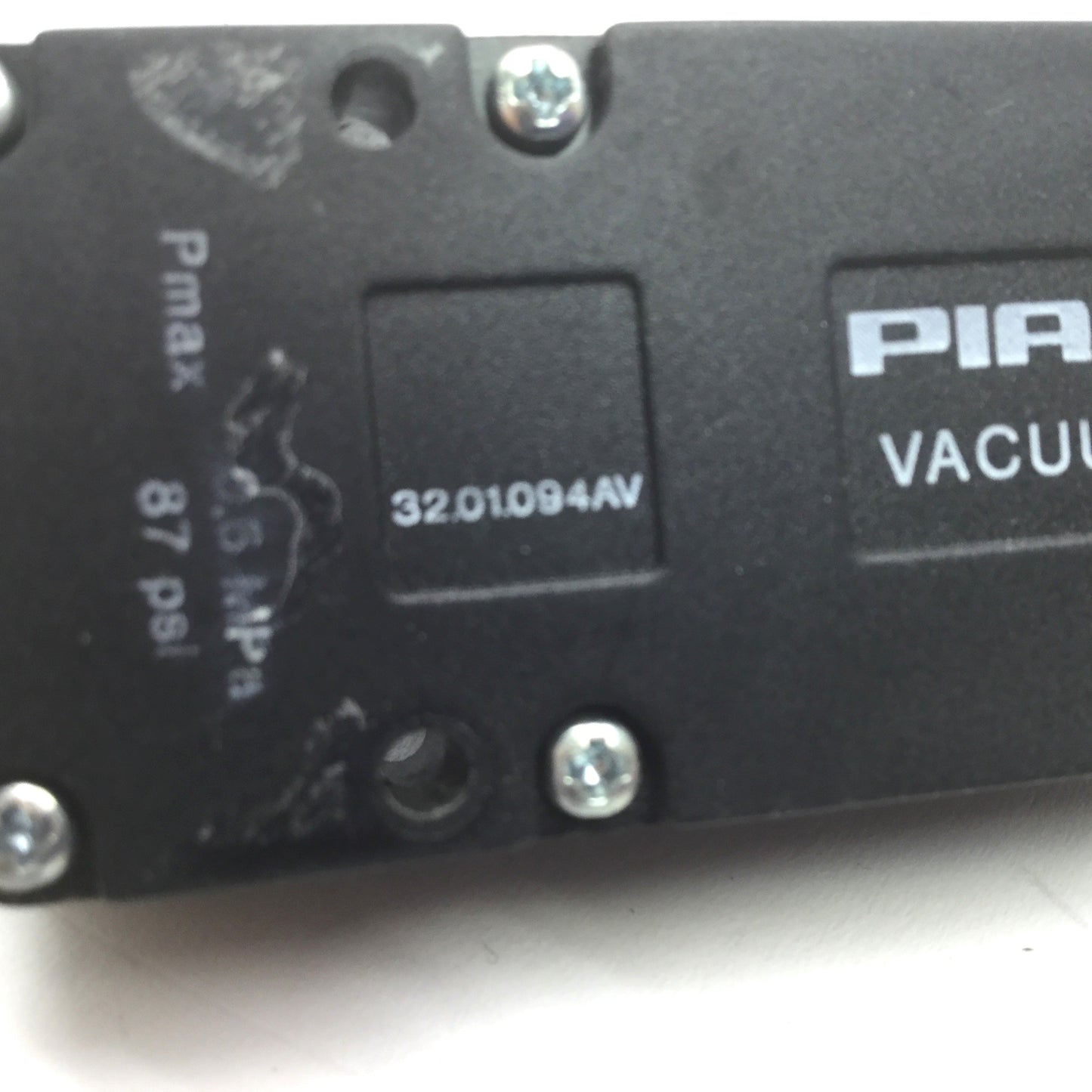 Used PIAB 32.01.094AV Vacuum Generator Pump EPR Seals, 87psi Max, 1/8" NPT & M5 Ports