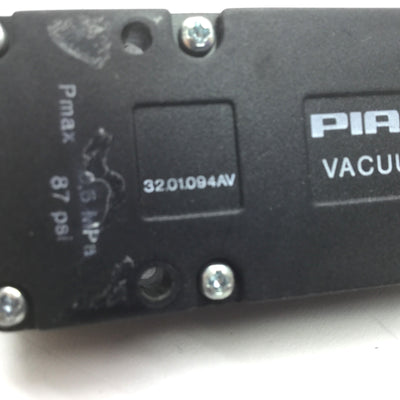Used PIAB 32.01.094AV Vacuum Generator Pump EPR Seals, 87psi Max, 1/8" NPT & M5 Ports