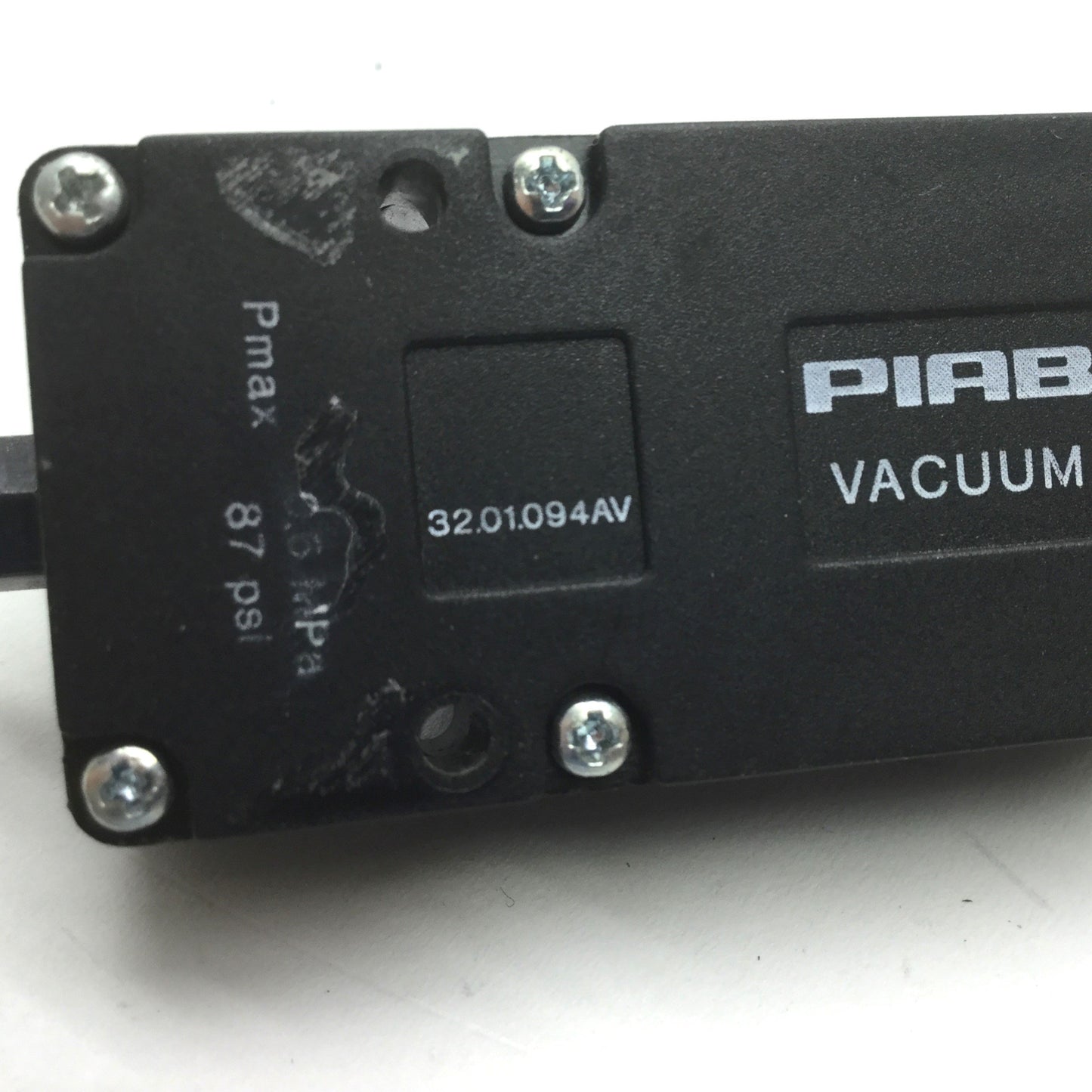 Used PIAB 32.01.094AV Vacuum Generator Pump EPR Seals, 87psi Max, 1/8" NPT & M5 Ports