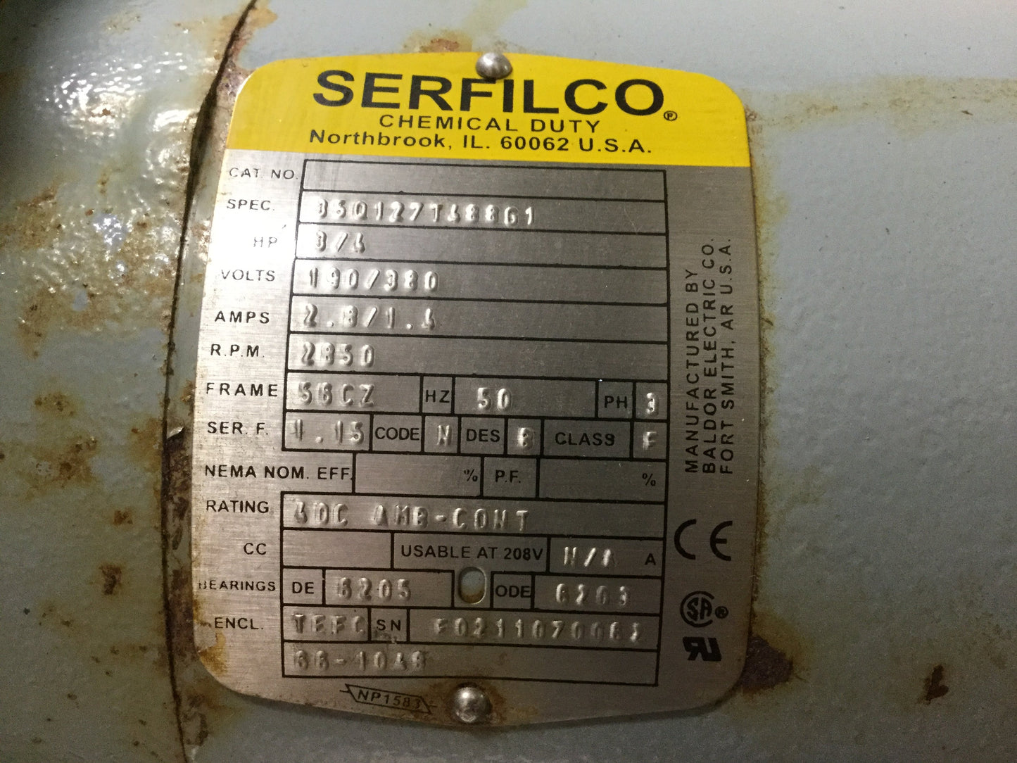 Used Serfilco ECKL3/4-3SC-D.75 Vertical Chemical Pump 230V 3450RPM 3/4HP 3Ph 35GPM