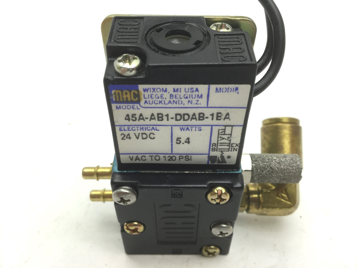Used MAC 45A-AB1-DDAB-1BA Pneumatic Solenoid Valve 4-Way 120PSI 10-32UNF 24VDC