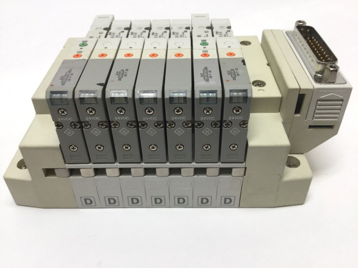 Used Manifold of SMC SV1100-5FU-TS-N7 (5x) , SV1400-5FU (2x) Solenoid Valves, 24VDC