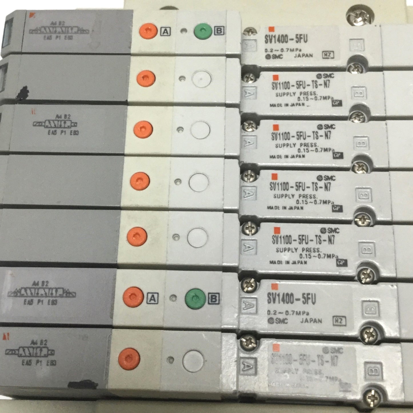 Used Manifold of SMC SV1100-5FU-TS-N7 (5x) , SV1400-5FU (2x) Solenoid Valves, 24VDC
