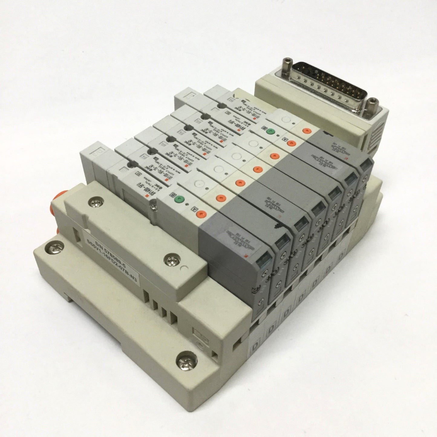 Used Manifold of SMC SV1100-5FU-TS-N7 (5x) , SV1400-5FU (2x) Solenoid Valves, 24VDC