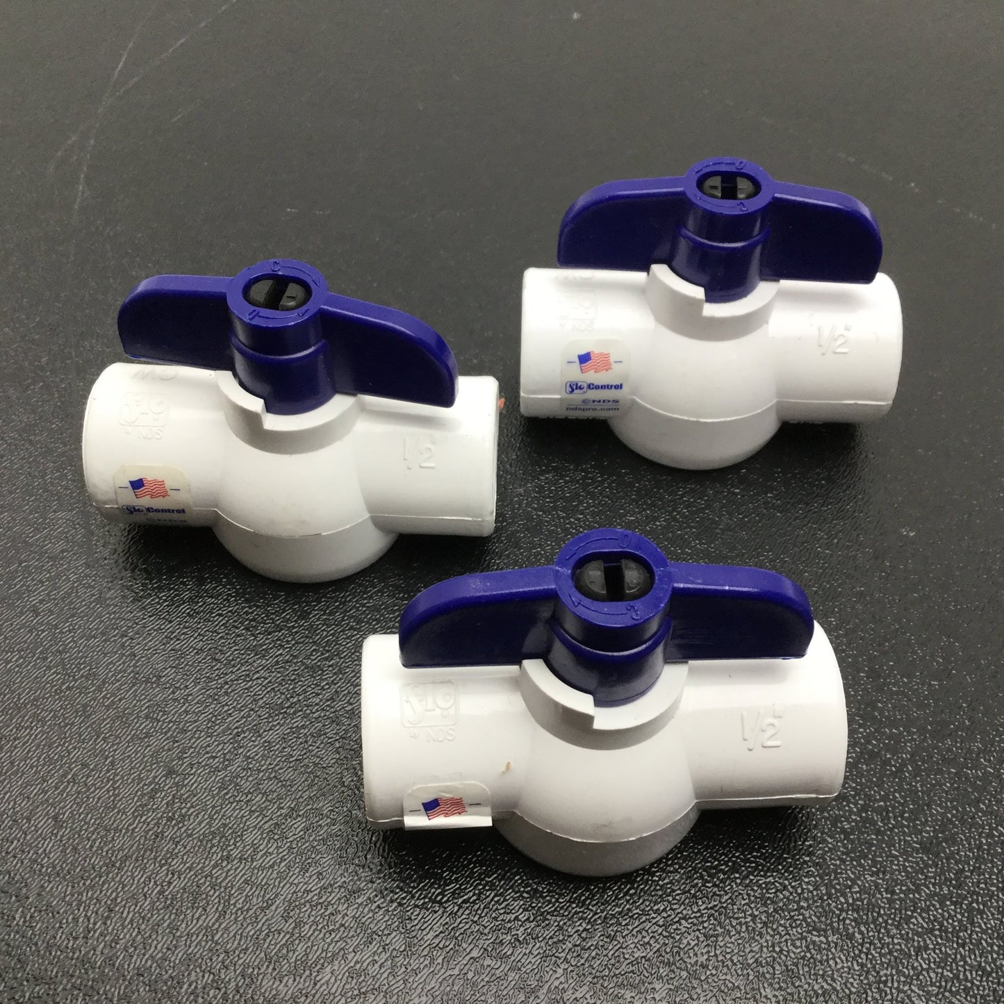 Used Lot of 3 FloEBV-0500-T Ball Valve, PVC, 1/2" Threaded, 150PSI